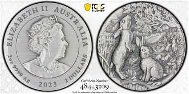 2023-P $2 Year of the Rabbit 2oz Ag  Antique Finish SP70