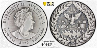 2020-P $2 75th Ann. End of WWII 2oz Ag Antique Finish MS70