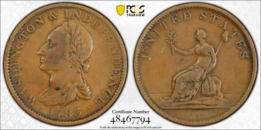 1783 Copper Washington & Independence Small Bust, Plain Edge VF30BN