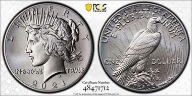 2021 $1 Peace Dollar 100th Anniversary MS70