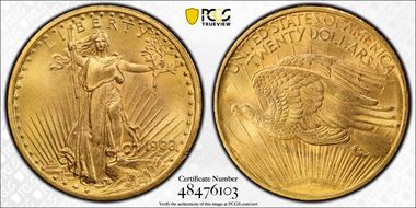 1908 $20 No Motto MS64