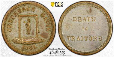 1861 Token DeWitt-C-1861-13 Silvered Brass Jefferson Davis AU58