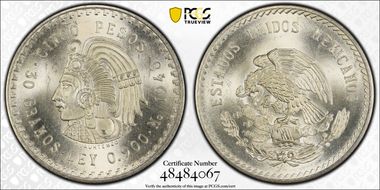 1948-Mo 5 Peso Cuauhtemoc KM-465  Ag MS65