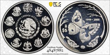 1999-2000-Mo 5 Peso Millennium Series Butterfly PR63DCAM