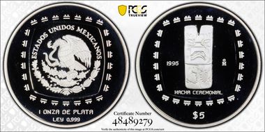 1996-Mo 5 Peso Hacha Ceremonial KM-598  Ag PR68DCAM