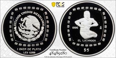 1996-Mo 5 Peso El Luchador KM-597  Ag PR68DCAM
