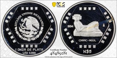 1994-Mo 5 Peso Chaac-Mool KM-574  Ag PR65DCAM