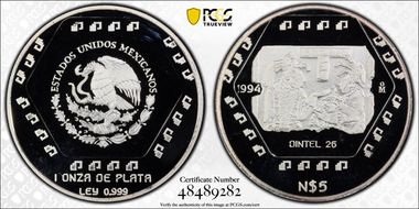 1994-Mo 5 Peso Dintel 26 KM-578  Ag PR68DCAM