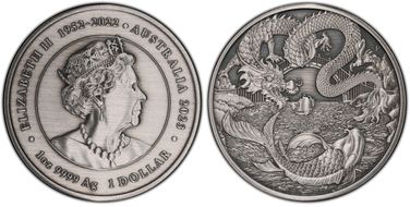 2023-P $1 Dragon and Koi Fish Ag Antique Finish MS70
