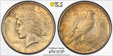 1921 $1 High Relief, Peace MS63