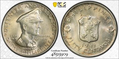1947-S 50C Douglas MacArthur KM-184  Ag MS65