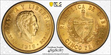 1916 5 Peso KM-19  Au AU58