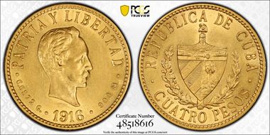 1916 4 Peso KM-18  Au AU58