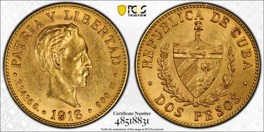 1916 2 Peso KM-17  Au MS62