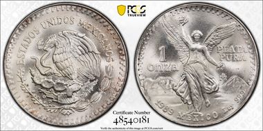 1989-Mo Onza Libertad Ag w/o Dot before 999 MS67