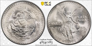 1989-Mo Onza Libertad Ag w/o Dot before 999 MS68