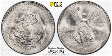 1989-Mo Onza Libertad Ag w/o Dot before 999 MS68