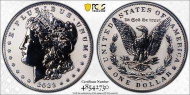 2023-S $1 Morgan Dollar Rev PR  Two-Coin Reverse Proof Set First Strike Stephanie PR70