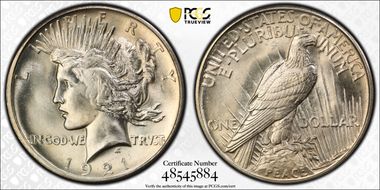 1921 $1 High Relief, Peace MS65