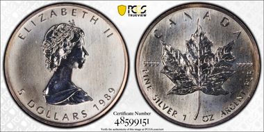 1989 $5 Maple Leaf 1oz Ag MS67