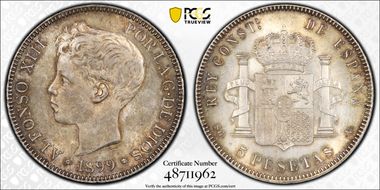 1899-SG V 5 Pta (1899) KM-707  Ag MS64