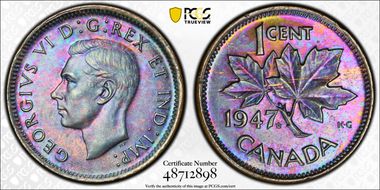 1947 1C Maple Leaf Pointed 7 MS63BN