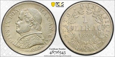 1866-R Lira Anno XXI PON Lg Bust MS62