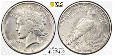 1921 $1 High Relief, Peace AU55