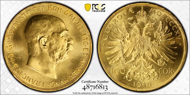 "1915" 100 Cor Restrike KM-2819  Au MS66