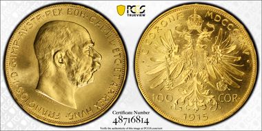 "1915" 100 Cor Restrike KM-2819  Au MS66