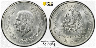 1953-Mo 5 Peso Hidalgo KM-467 Ag MS63