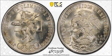 1968-Mo 25 Peso Olympic KM-479.1 Rings Align, Straight Tongue MS67