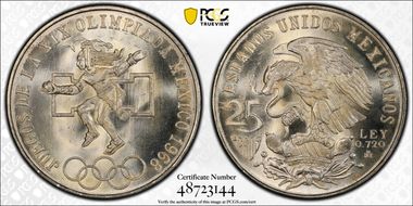 1968-Mo 25 Peso Olympic KM-479.1 Rings Align, Straight Tongue MS67