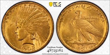 1908 $10 No Motto MS62