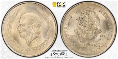 1951-Mo 5 Peso Hildago KM-467  Ag MS64