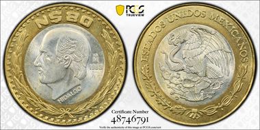 1993-Mo 20 Peso Longer Stems KM-561  Ag / AlBr MS63