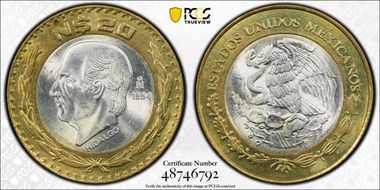 1994-Mo 20 Peso KM-561 Hidalgo  Ag / AlBr MS64