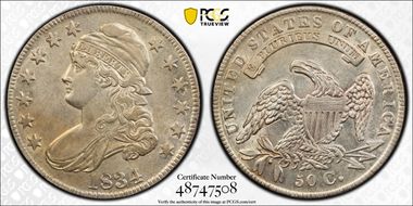 1834 50C Large Date, Small Letters AU53