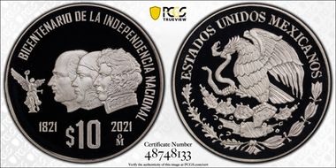 2021-Mo 10 Peso Independence Bicentenary PR70DCAM
