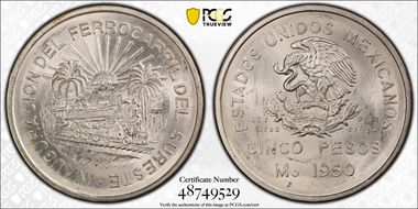 1950-Mo 5 Peso Southeastern Railroad KM-466  Ag MS64