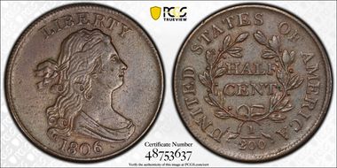 1806 1/2C Small 6, No Stems AU53BN