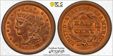 1851 1/2C MS62RB