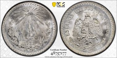 1932-M Peso KM-455  Ag Closed 9 MS66