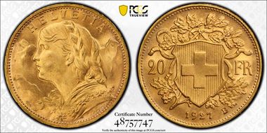 1927 B 20 Fr KM-35.1  Au MS66+