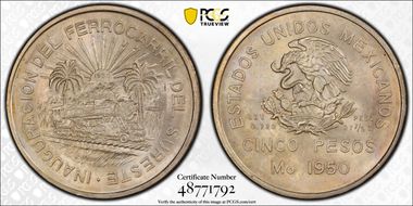 1950-Mo 5 Peso Southeastern Railroad KM-466  Ag MS64