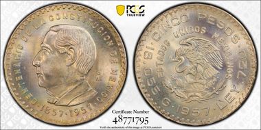 1957-Mo 5 Peso Constitution KM-470  Ag MS66