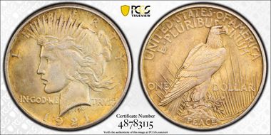 1921 $1 High Relief, Peace AU58+ 