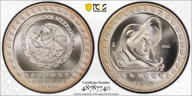 1992-Mo 100 P Guerrero Aguila KM-556  Ag MS69