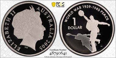 2005 $1 End of WWII - Dancing Man Ag PR70DCAM