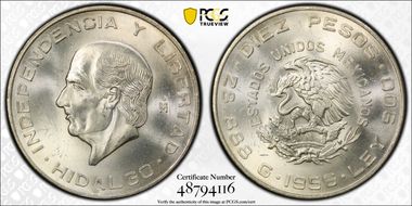 1956-Mo 10 Peso Hildago KM-474  Ag MS65